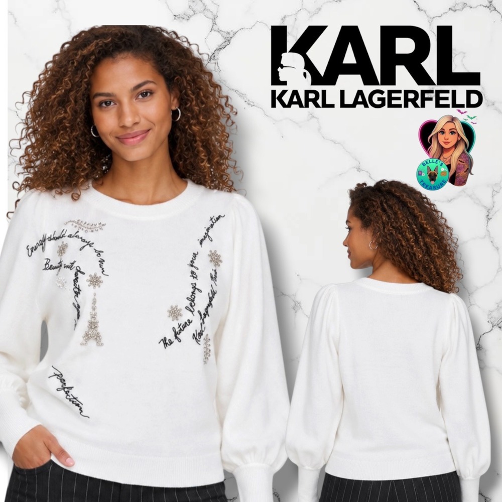 Karl Lagerfeld Paris White Rhinestone Eiffel Tower Puff Sleeve Sweater Medium